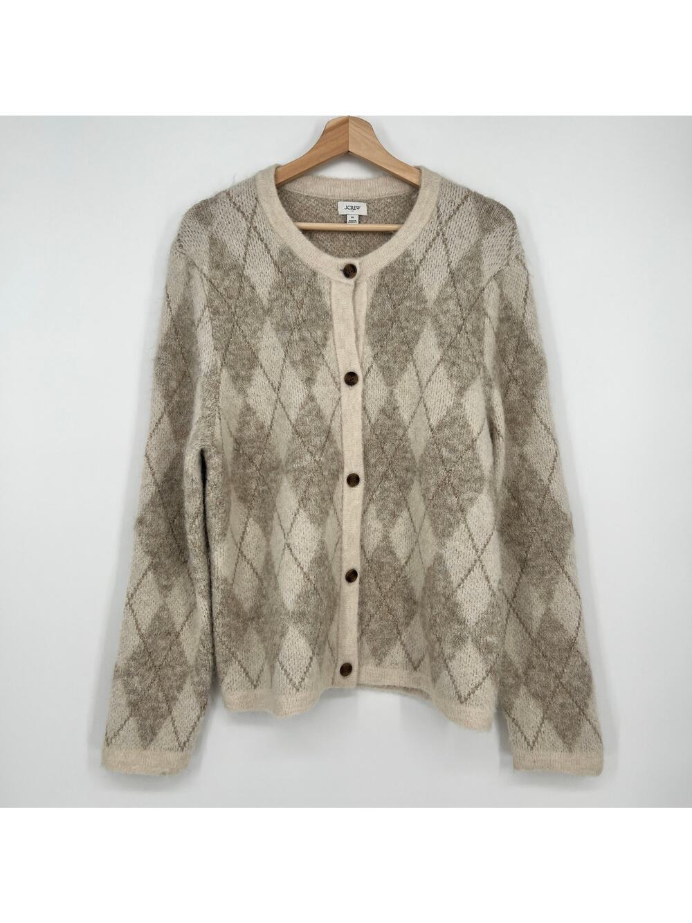 J.Crew Factory Argyle Cardigan Sweater Womens XL Pale Toasted Cream Tan Metallic